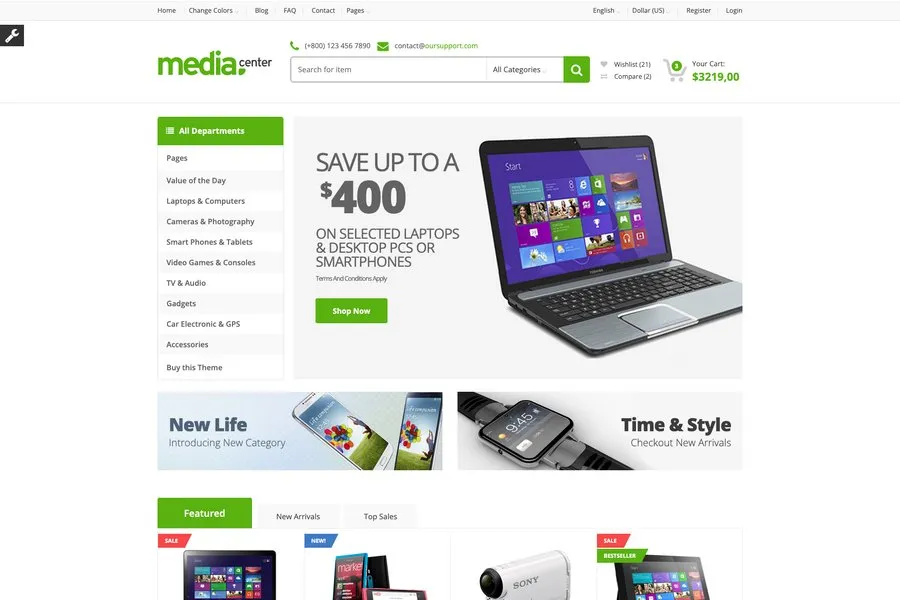 media center bootstrap ecommerce website template