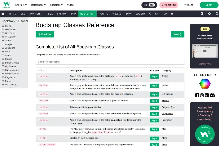 bootstrap classes list